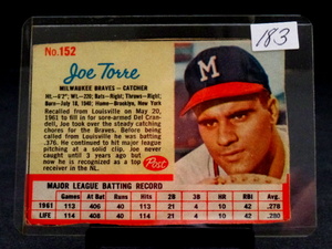 lot 183 image: 1962 Post Baseball Card #152 JOE TORRE ROOKIE CARD -Milwaukee Braves