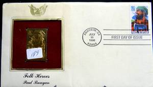 lot 189 image: Folk Heroes Paul Bunyan Gold Replica Stamp Cover First Day Of Issue July 11 1996