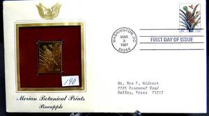 lot 190 image: MERIAN BOTANICAL PRINTS PINEAPPLE replica 22kt Gold Golden Cover Stamp FDC 1997