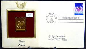 lot 192 image: 1997 Love Heart Swans replica 22kt Gold Golden Cover FDC FDI Stamp