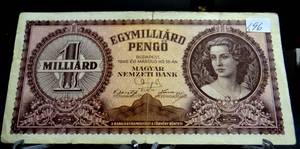 lot 196 image: HUNGARY 1 MILLIARD PENGO 1946 XF #R010-047426,WOMAN AT RIGHT