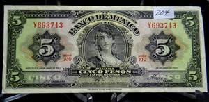 lot 204 image: Mexico P-60h Banco de Mexico 5 Pesos SERIES AIU, 24.4.1963 EF