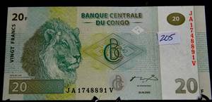 lot 205 image: Congo 20 Francs 30.06.2003 Block JA - V Uncirculated Banknote