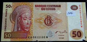 lot 206 image: UNC 2007 Congo 50 Francs Banknote World Money African Tribal Mask & Village