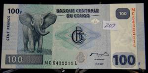 lot 207 image: CONGO 2007 100 FRANCS CURRENCY UNCIRCULATED