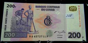 lot 208 image: UNC CONGO D. R. 200 Francs Banknote World Paper Currency Money p99 2007 BILL Note