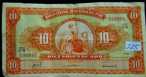 lot 225 image: PERU BANK NOTES 10 SOLES DE ORO (1968) CIRCULATED