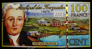 lot 232 image: KERGULEN, specimen note (polymer coated paper) issued on 5 November 2010. Uncirculated condition. Denomination 100 Fr - beautiful