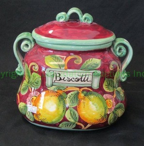 lot 33 image: Italian ceramic lidded Biscotti canister, 9 tall x 9 wide