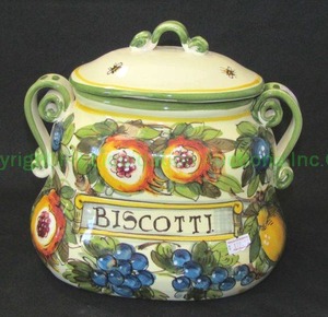 lot 34 image: Italian ceramic lidded Biscotti canister, 9 tall x 9 wide