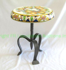 lot 53 image: Italian volcanic accent table wrought iron base, 15 wide x 18 tall