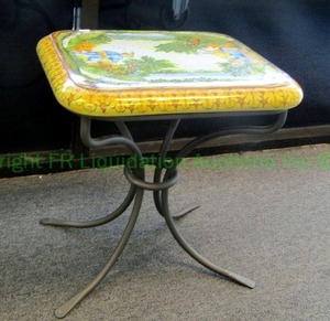 lot 61 image: Italian volcanic accent table wrought iron base, 15 wide x 18 long x 19.5 tall