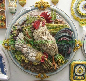 lot 167 image: Italian ceramic Rooster & Hen wall decor, 34 x 32
