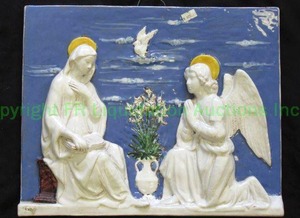 lot 158 image: Italian ceramic Della Robbia Madonna and angel wall decor