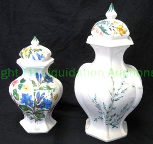 lot 72 image: Italian ceramic fiori theme lidded urns, 19.5 tall & 14 tall. bid is times the quantity