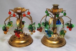 lot 93 image: Artistic candela table top chandeliers metal articles with hand blown glass ornaments set of two, 8 tall. bid is times the quantity