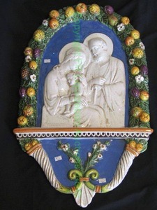 lot 179 image: Della Robbia Mary, Joseph & baby Jesus wall decor, 28 tall x 17 wide