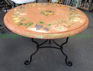 lot 52 image: Artist signed Italian volcanic table wrought iron base, 40 wide x 29 tall