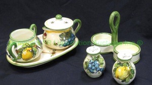 lot 110 image: Italian ceramic creamer pitcher & sugar bowl plus salt & pepper shaker set