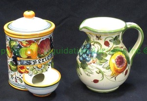 lot 111 image: Italian ceramic Spezie (spices) dispenser canister and creamer pitcher. bid is times the quantity