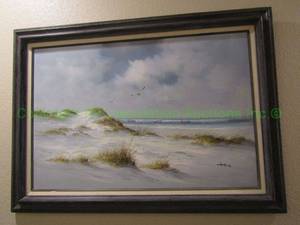lot 34 image: Signed Armstrong oil on canvas beach framed, 31.25 x 43.25