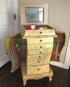 lot 4 image: Antique style jewelry armoire with contents of fashion jewelry, 37 x 20 x 14