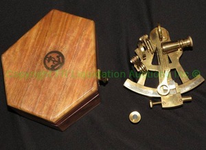lot 68 image: Brass ships sextant plus rose wood storage box