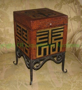 lot 42 image: Storage box solid wood and brass inlaid on wrought iron stand, approx 10 x 10 x 12