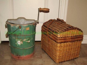 lot 44 image: Vintage Maid of Honor hand crank wood bucket ice cream churn and picnic basket