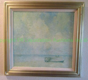 lot 101 image: Embossed canvas print Boat on Beach unsigned 34 x 36 framed