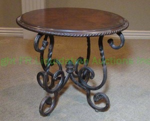 lot 181 image: Wood top wrought iron base accent table, 26 tall x 24 wide