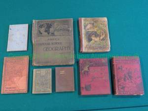 lot 98 image: Antique late 1800s early 1900s books including works by Robert Louis Stevenson, Washington Irving and others