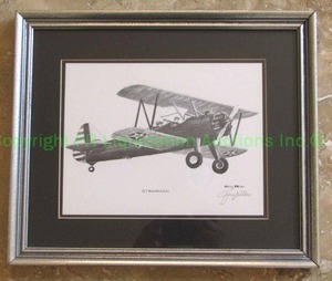 lot 237 image: Artist signed jerry Miller pen & Ink aviation Stearman print 13.25 x 11