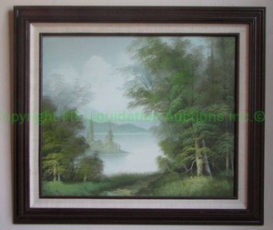 lot 225 image: Artist signed Hills Oil on canvas Lake with Background Mountain framed 27 x 31