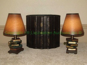 lot 195 image: Figural stacked books matching table lamps and book waste basket