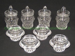 lot 254 image: lead crystal candle holders and Glass sugar servers with one glass spoons