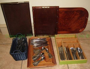 lot 295 image: Stainless steel silverware set and trays as shown, generous quantity