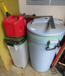 lot 497 image: Rubbermaid garbage cans, gas can and more as shown