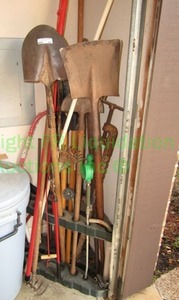 lot 496 image: Assorted gardening tools including shovels, rakes and more as shown