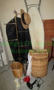 lot 510 image: Coat rack, ironing board, baskets and more as shown