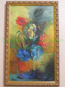 lot 286 image: Oil on canvas Floral signed Leslie framed 21 x 33.25