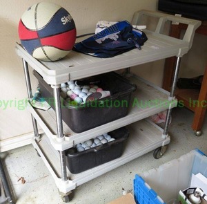 lot 447 image: Utility cart 18 x 35 x 35 plus contents including sports equipment as shown