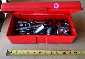lot 35 image: AKRO-MILS TOOL BOX FILLED WITH RACHET AND SOCKETS (various sizes)
