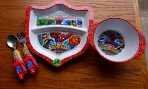 lot 255 image: SPIDERMAN CHILDRENS PLATE, BOWL, AND UTENSILS