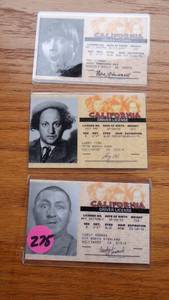 lot 275 image: VERY COOL - REPRODUCTION LOT OF THREE STOOGES DRIVERS LICENSE (BIRTHDATE AND DAY OF DEATH)