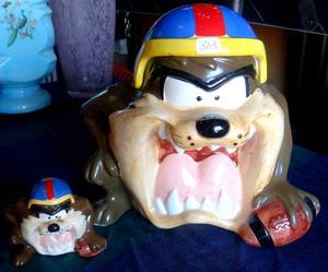 lot 303 image: AWESOME TASMANIAN DEVIL COOKIE JAR (FOOTBALL THEME) WITH MINI ME TAZ