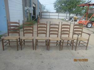 lot 213 image: TOTAL OF 6&nbsp THRUSH WEAVE SEAT SOLID OAK FRAME SLAT BACK CHAIRS&nbsp