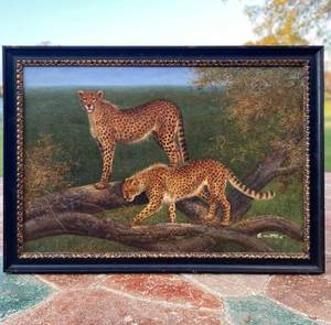 lot 17 image: Oil Painting of 2 Cheetahs in a tree by Edwin Masters