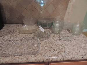 lot 47 image: Glass lot- 2 knight design plates, 12 glass chip & dip bowls, 7 salad bowls lemon juicer and more