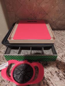 lot 50 image: hand held tomatoes slicer, silverware holder for drawer, cutting board and more